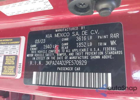 2023 Kia Rio S z USA, uszkodzony, nr VIN 3KPA24AD2PE570929